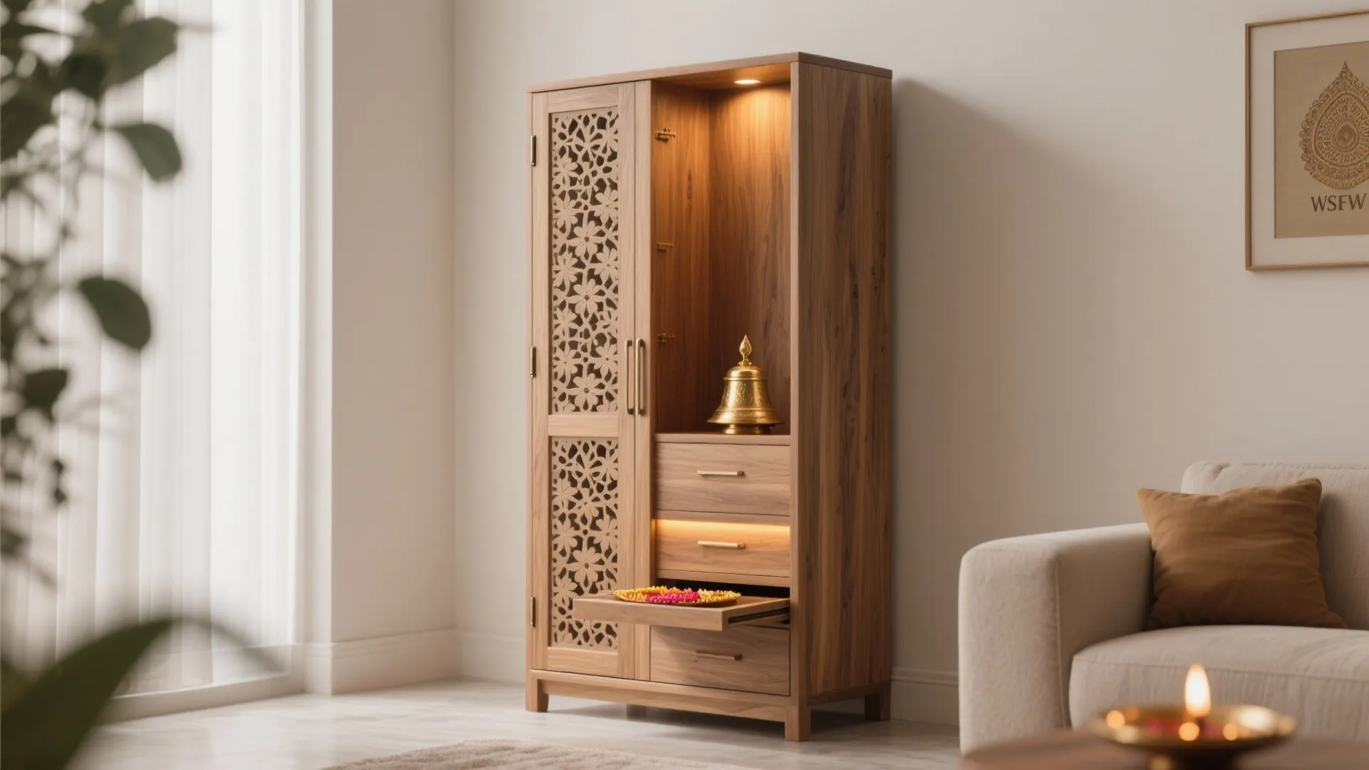 Compact Wooden Pooja Cabinet with Doors