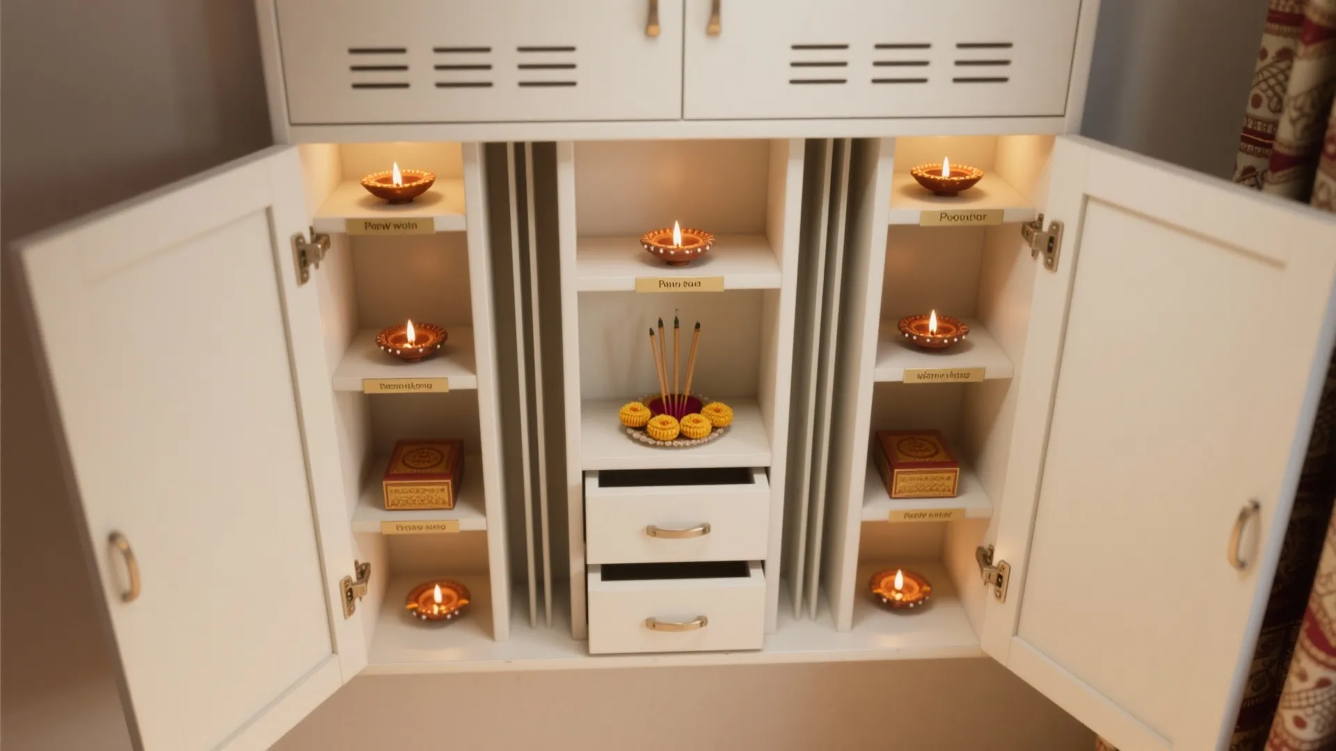 Wall-mounted pooja cabinet with concealed storage