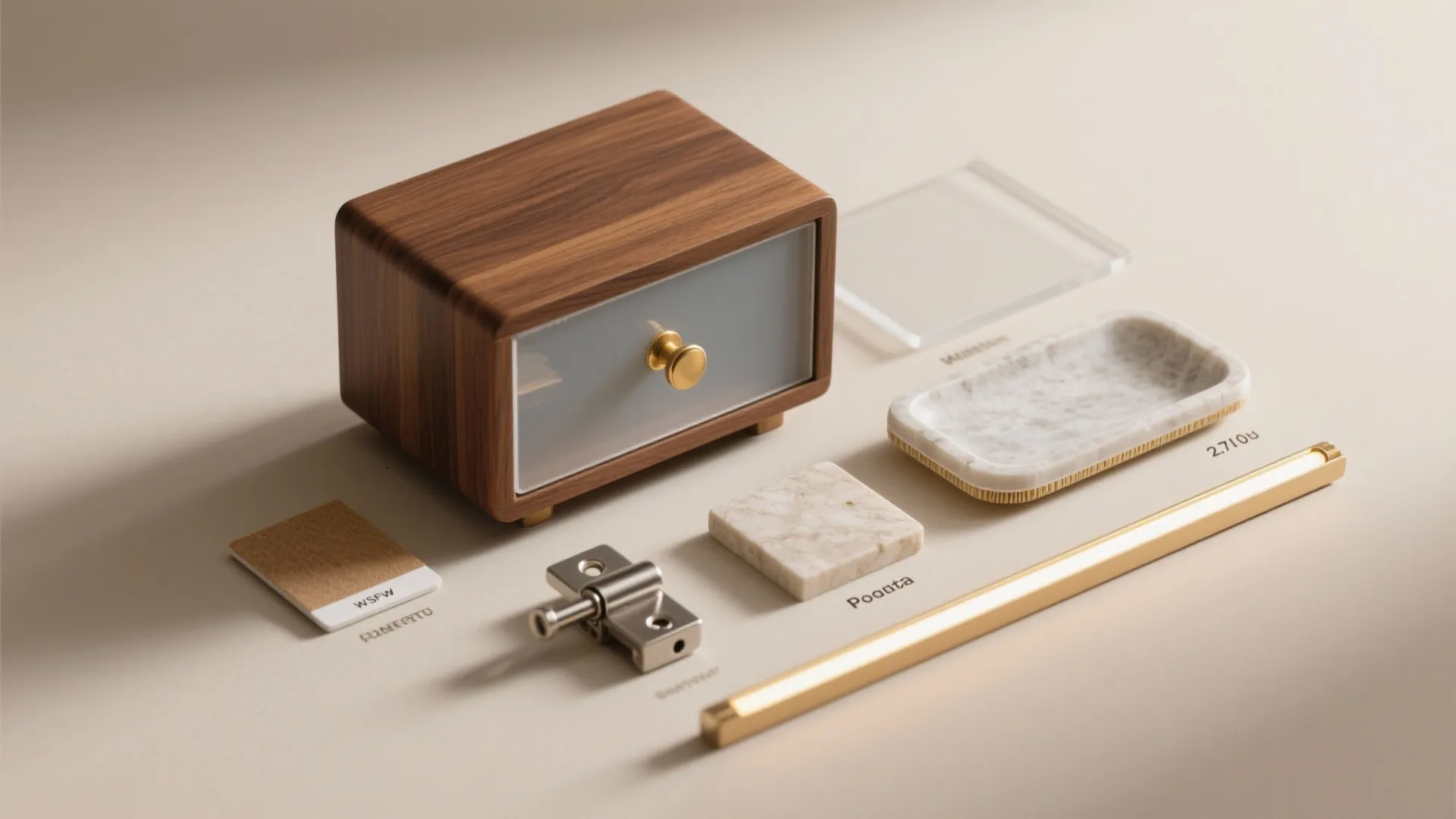 Flatlay of veneer, laminate, frosted diffuser, brass pull, hinges, LED, and stone sample.