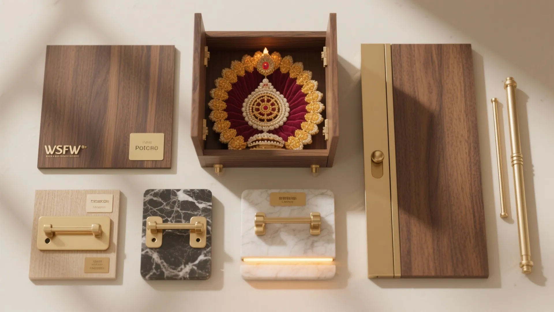Flatlay of oak veneer, matte laminate, brass hardware, hinges, stone slab, and warm LED strip.