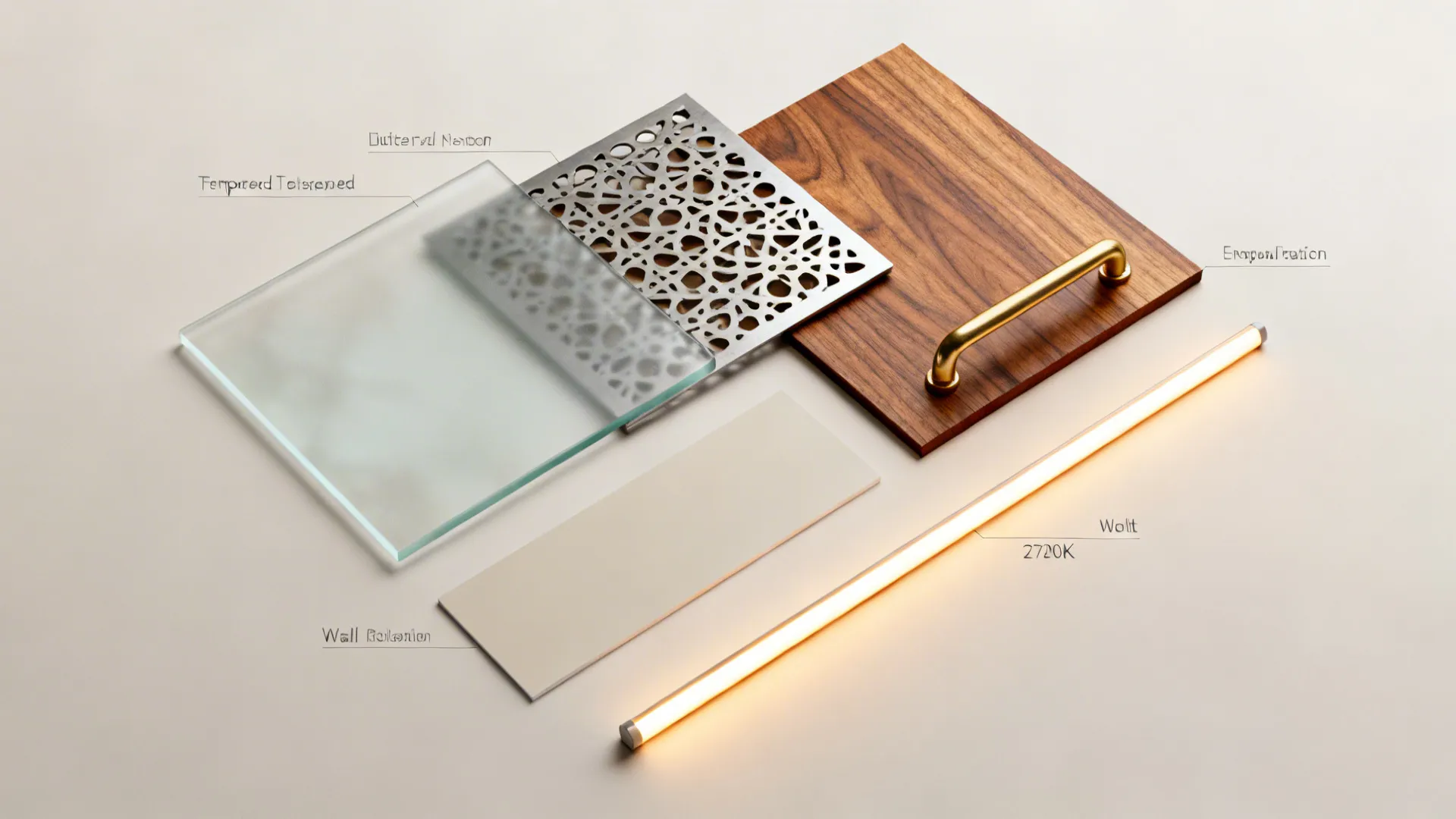 Flat lay of frosted glass, jali metal, teak veneer, brass pull, and LED strip.