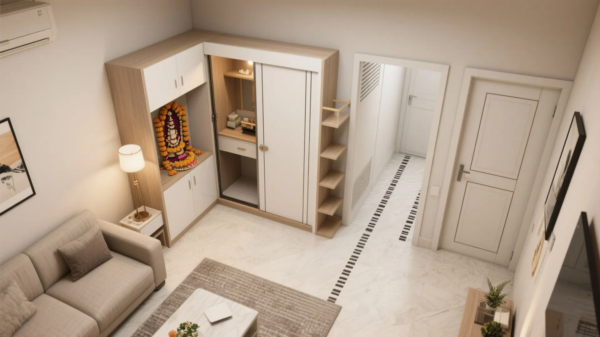 Interior design drawing of a modern living room featuring a grey sofa and wooden unit