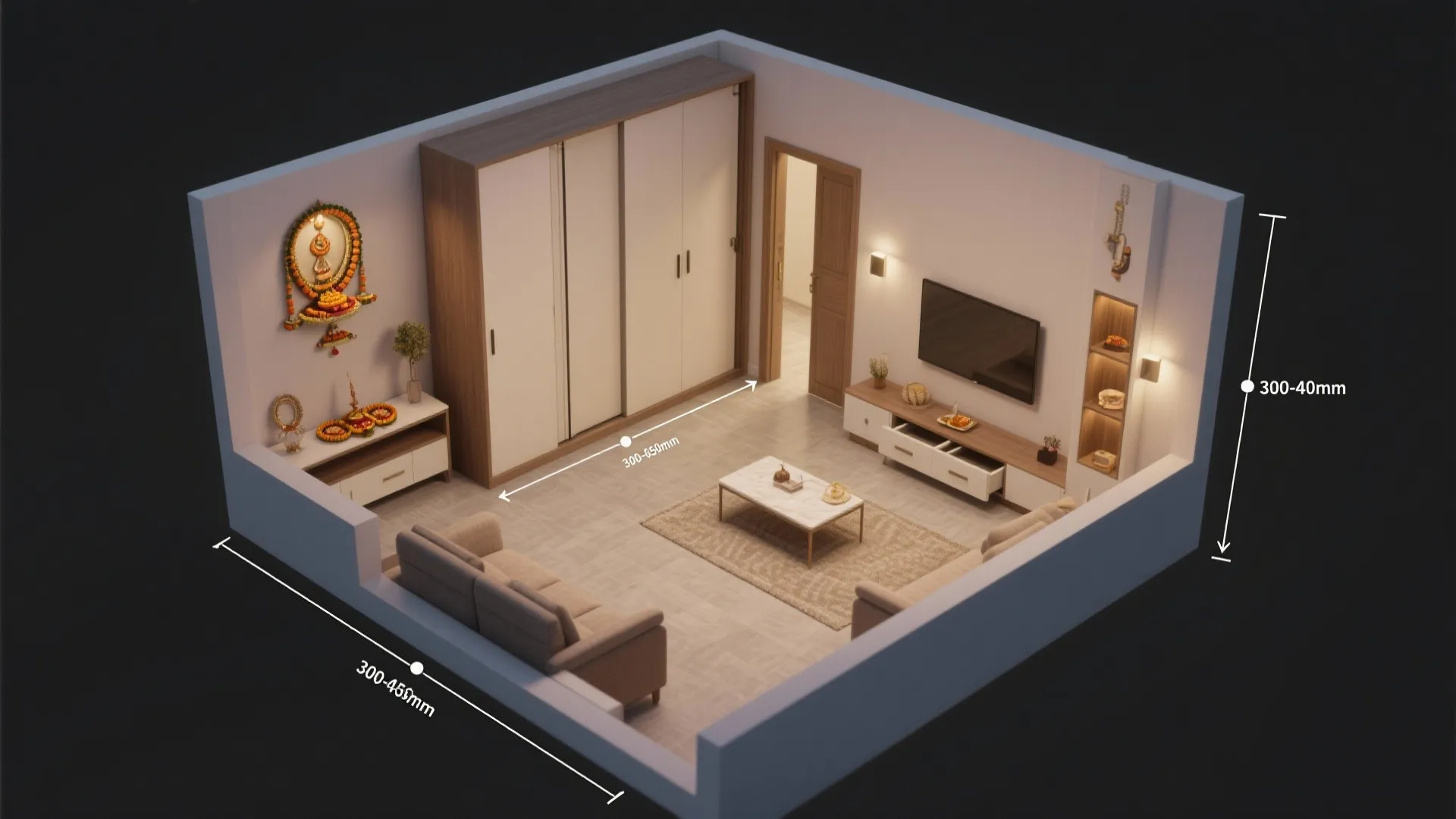 2) Sliding-door pooja cabinet that blends with the hall