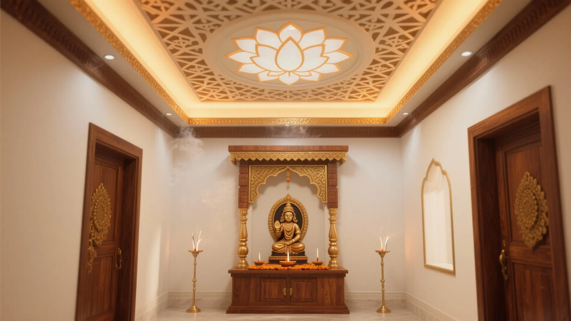 Interior prayer room with wooden cabinet golden statue flower ceiling light and brown wooden doors