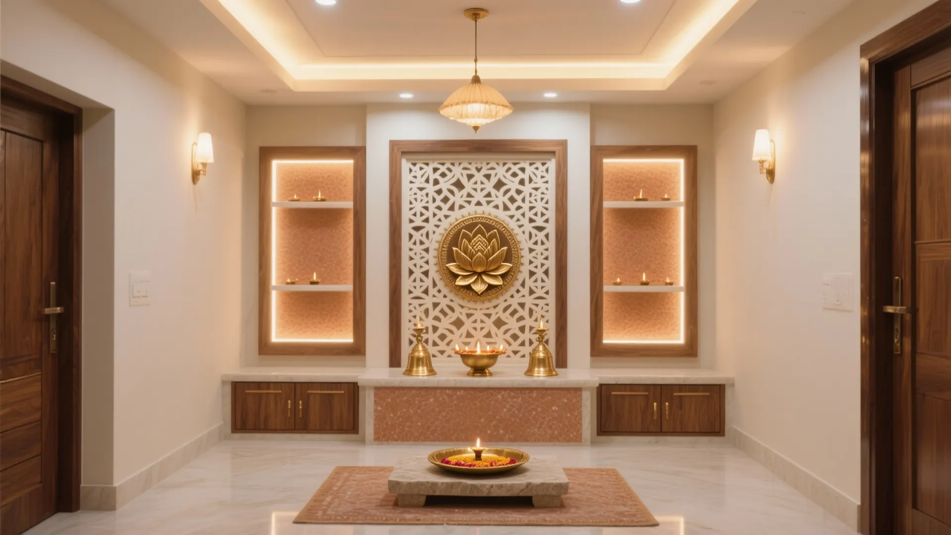 Modern prayer room with gold lotus wall art, wooden cabinets, ceiling light, and warm lighting
