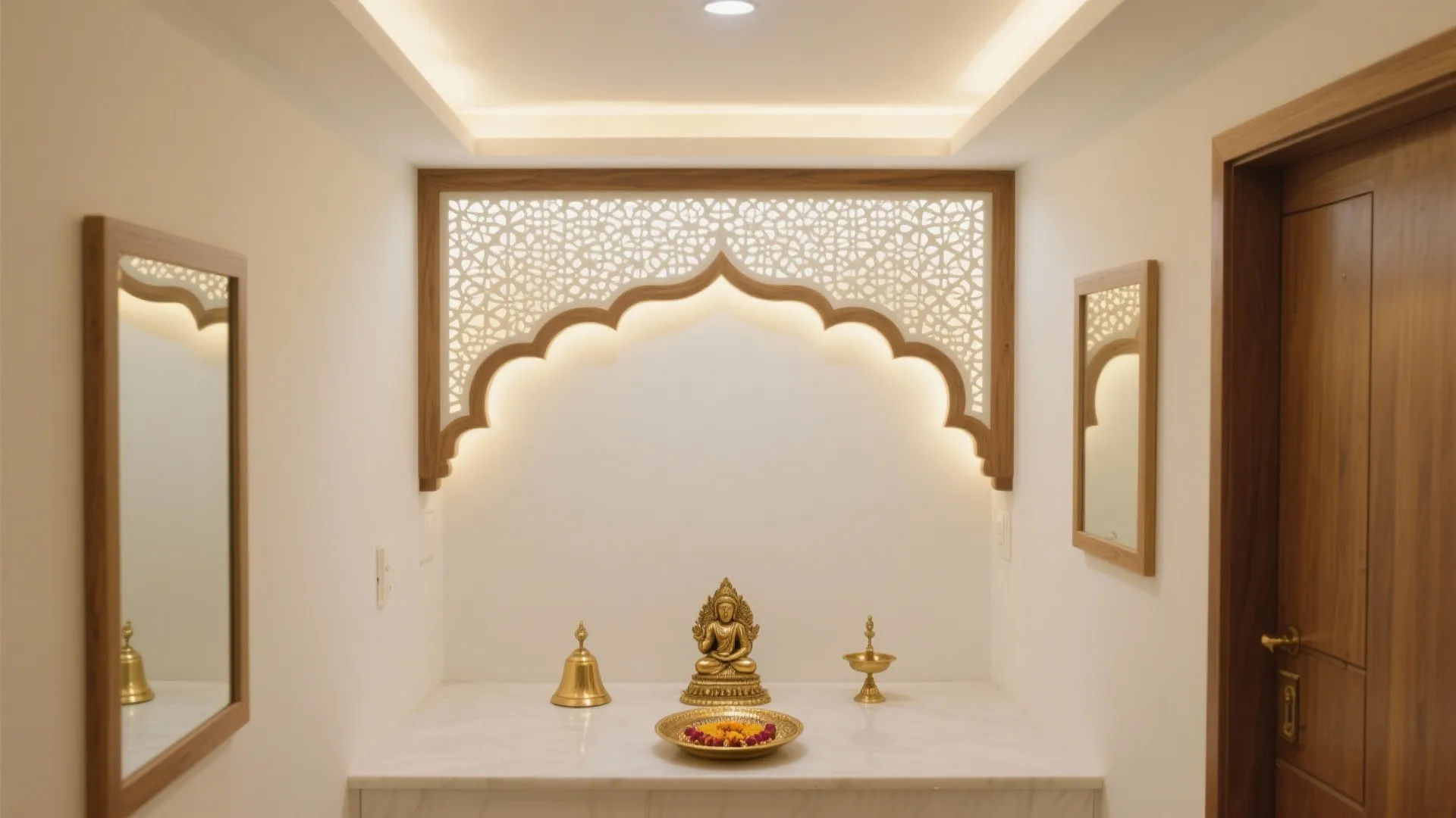 Prayer room with gold statue on marble table and decorative wooden wall panel with lighting