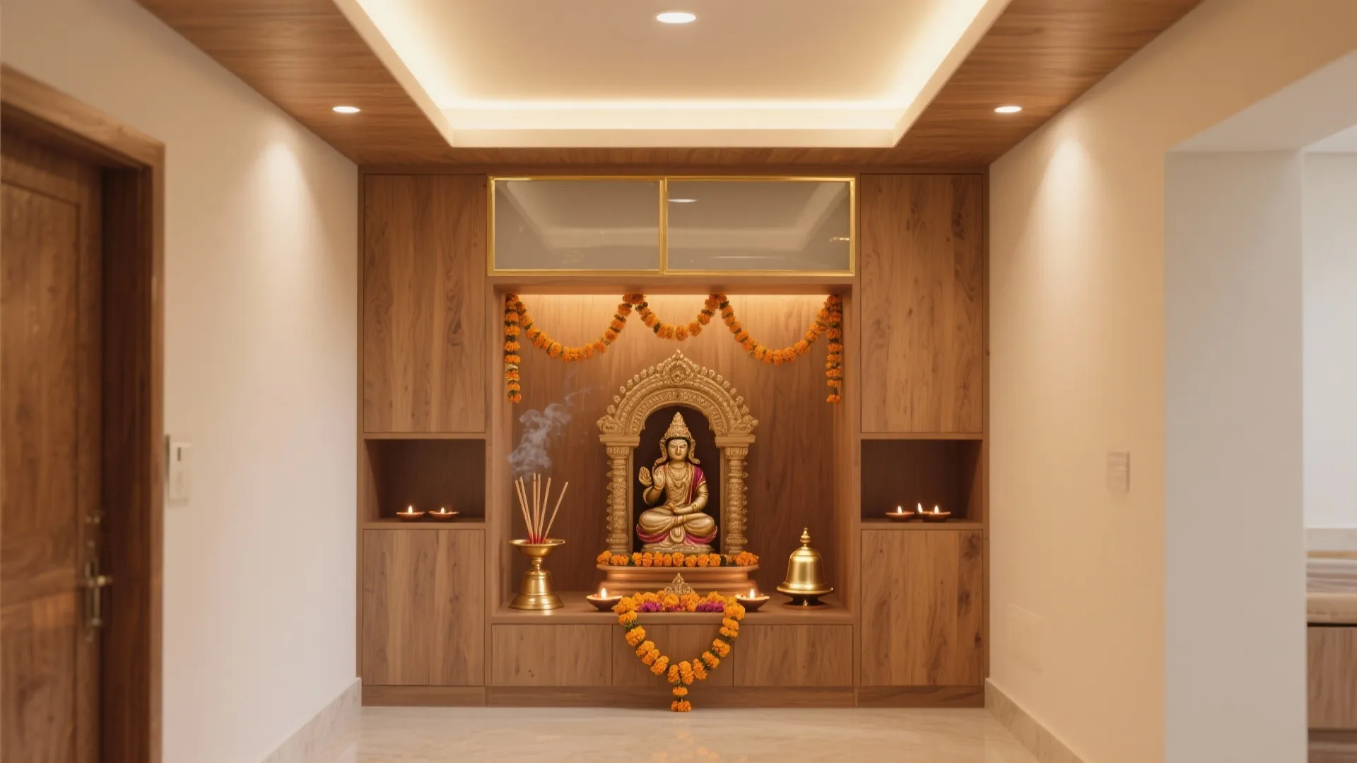 Modern prayer room with wood cabinets, golden statue, orange flower garlands, and warm ceiling light
