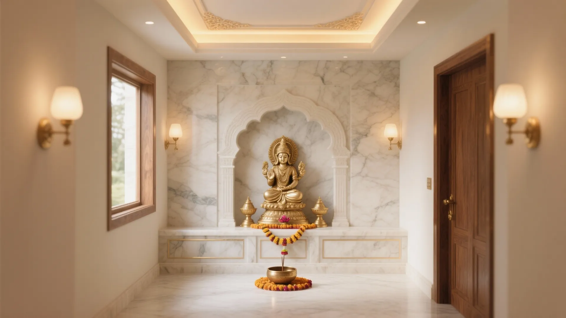 Small prayer room with marble wall gold statue wall lights wooden door and white floor