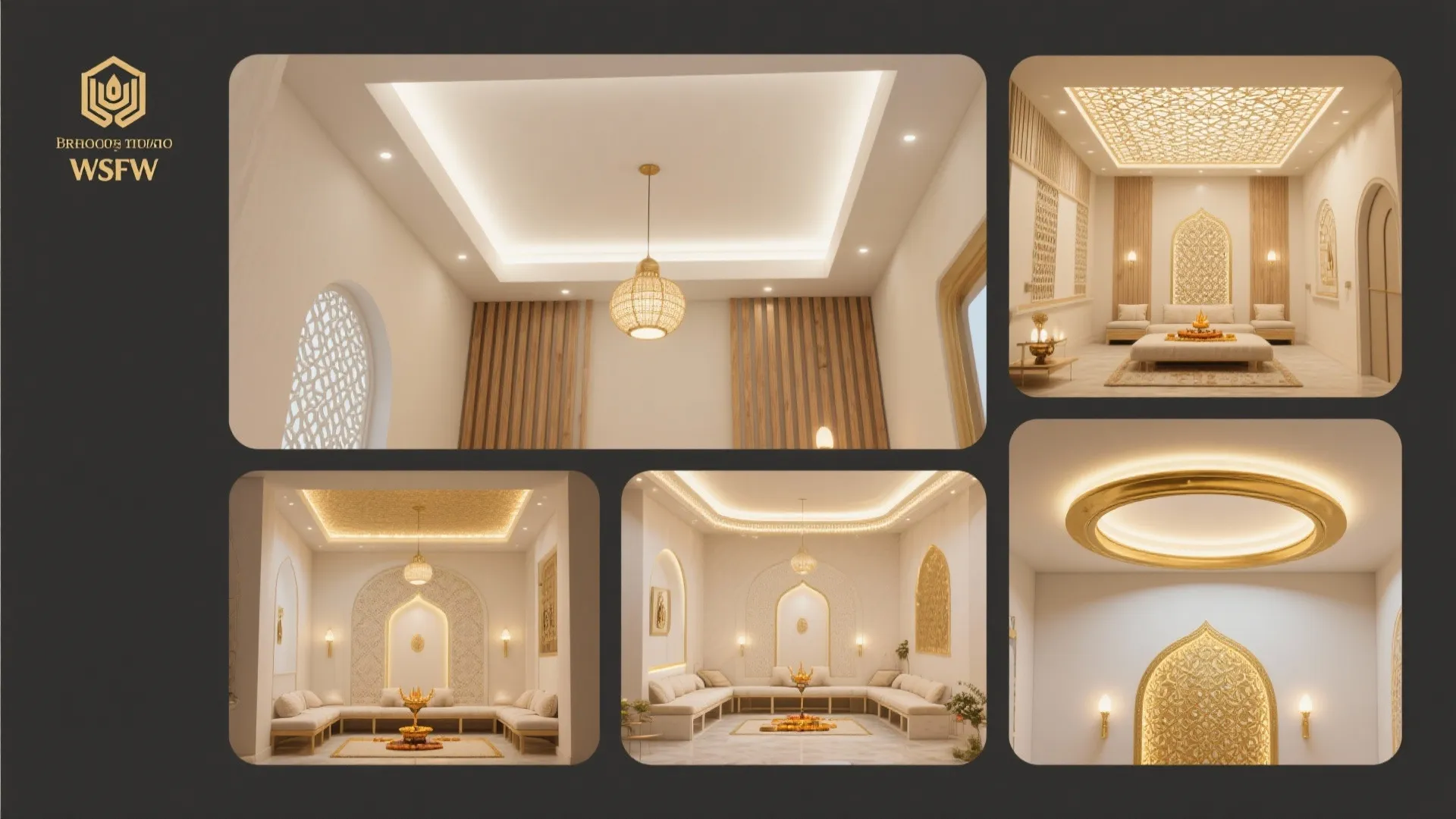 Collage showing traditional prayer room designs with gold wall patterns white sofas and warm lights