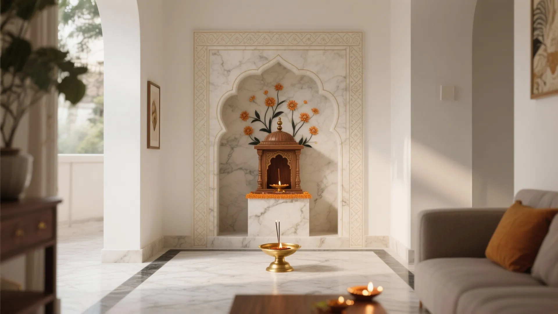 Elegant white room with marble wall arch featuring floral pattern wooden shrine and gold lamp