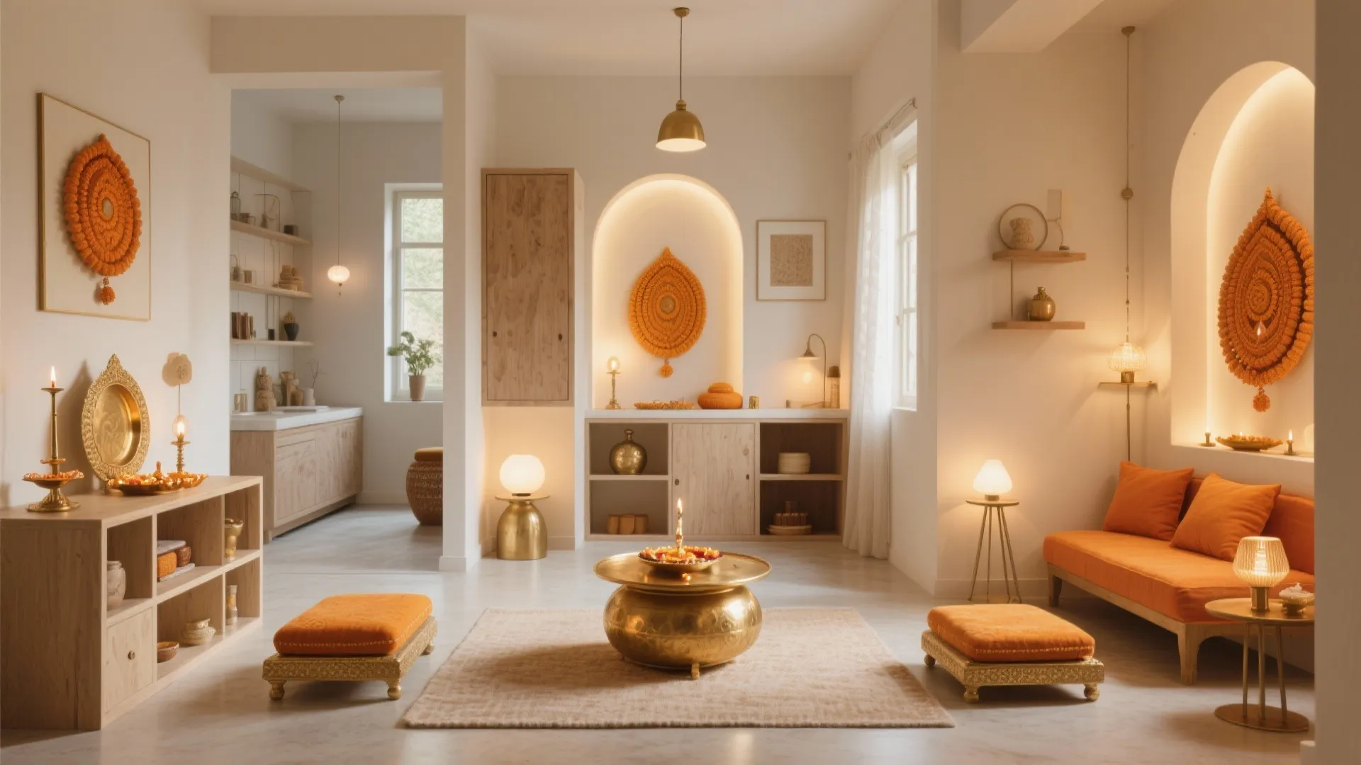 Indian style living room with orange sofa gold coffee table footrest and warm wall lighting