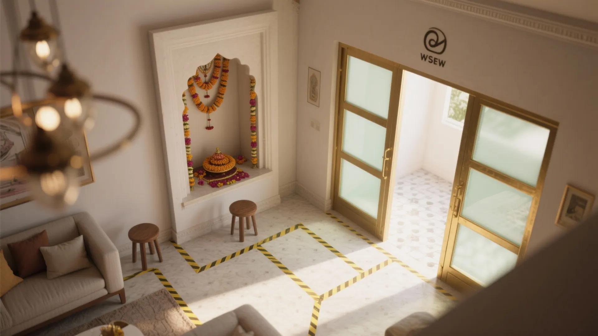 Traditional prayer area in modern living room with flower garlands wooden stools and gold glass doors