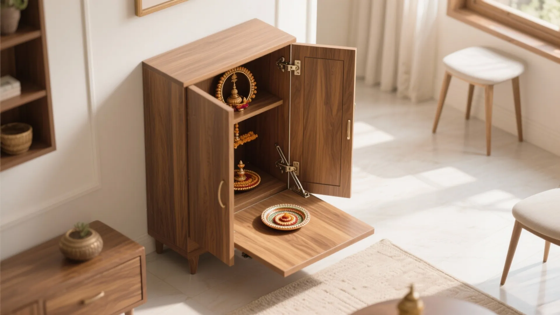 Compact Floor-Standing Cabinet with Fold-Down Puja Table