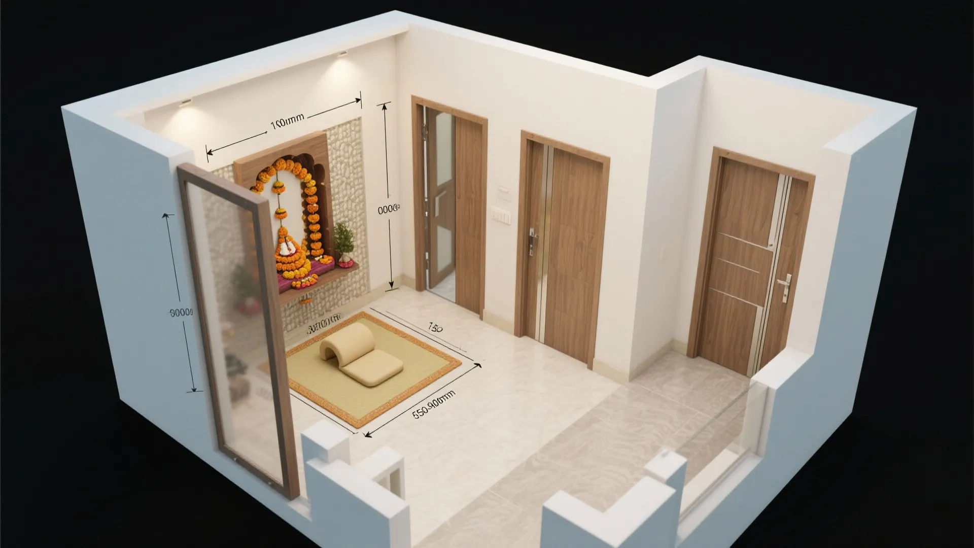 Interior design drawing showing room layout dimensions for a prayer area with wood room doors