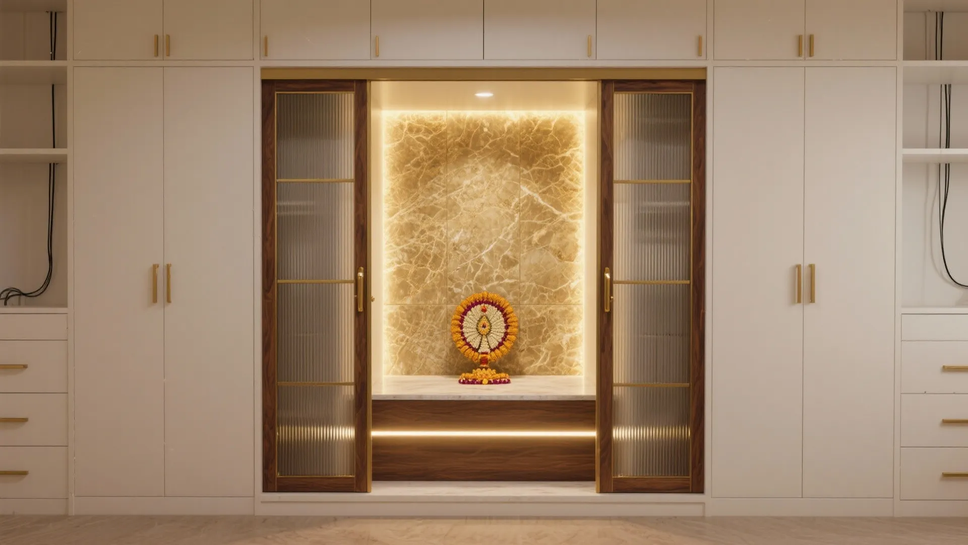 Modern white storage cabinet featuring built-in marble prayer space with glass doors and soft lights