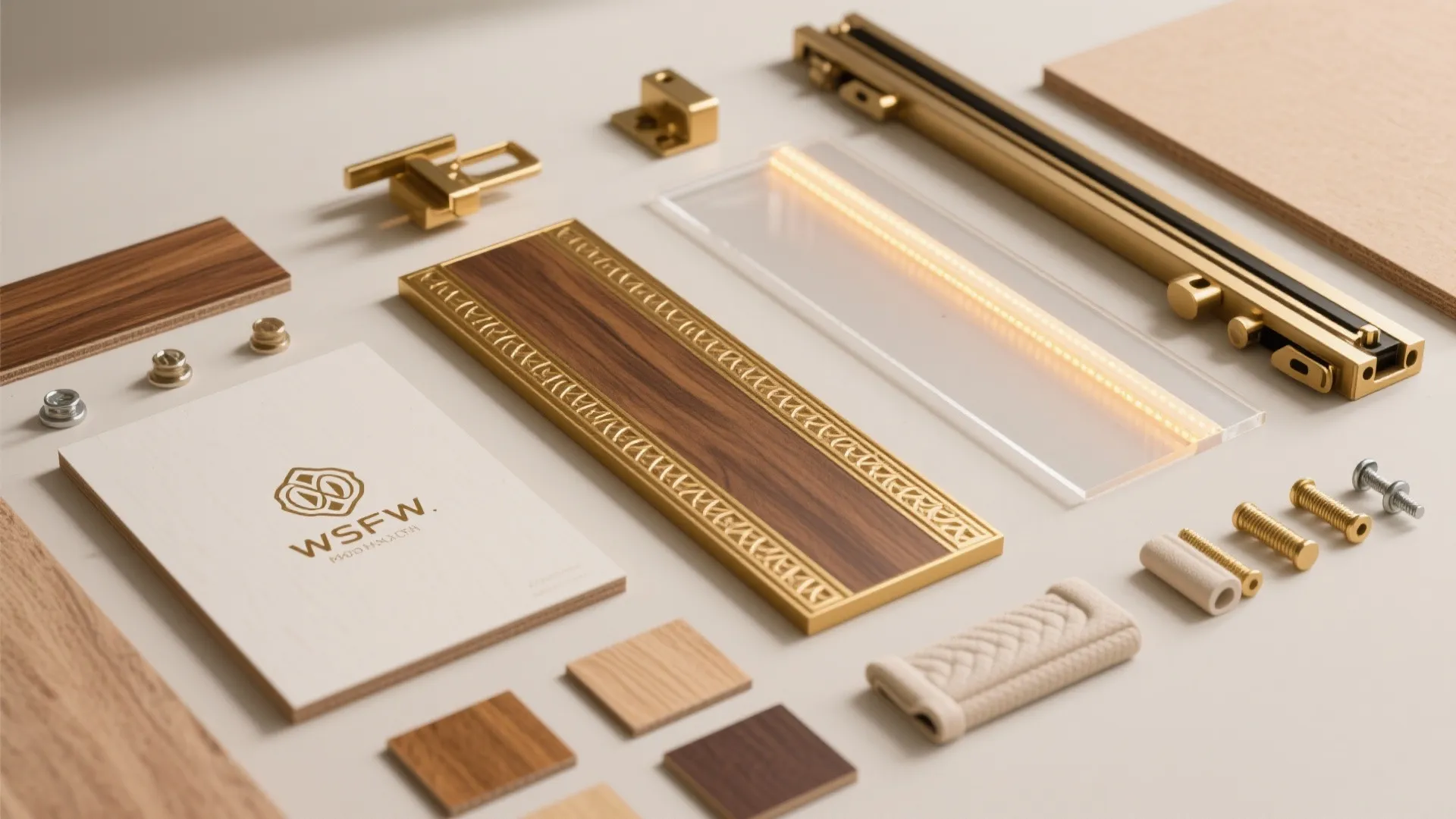 Collection of wood samples gold hardware screws and light strips laid out on a white surface