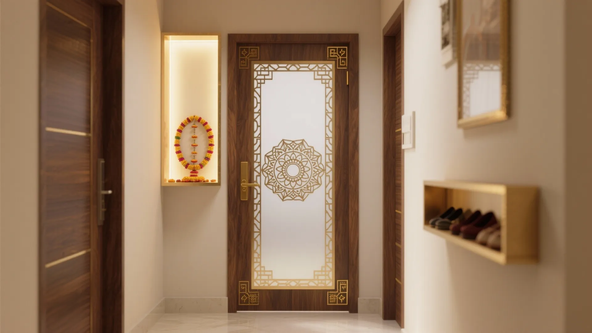 Warm hallway showing a wood door with glass pattern next to a gold wall shelf