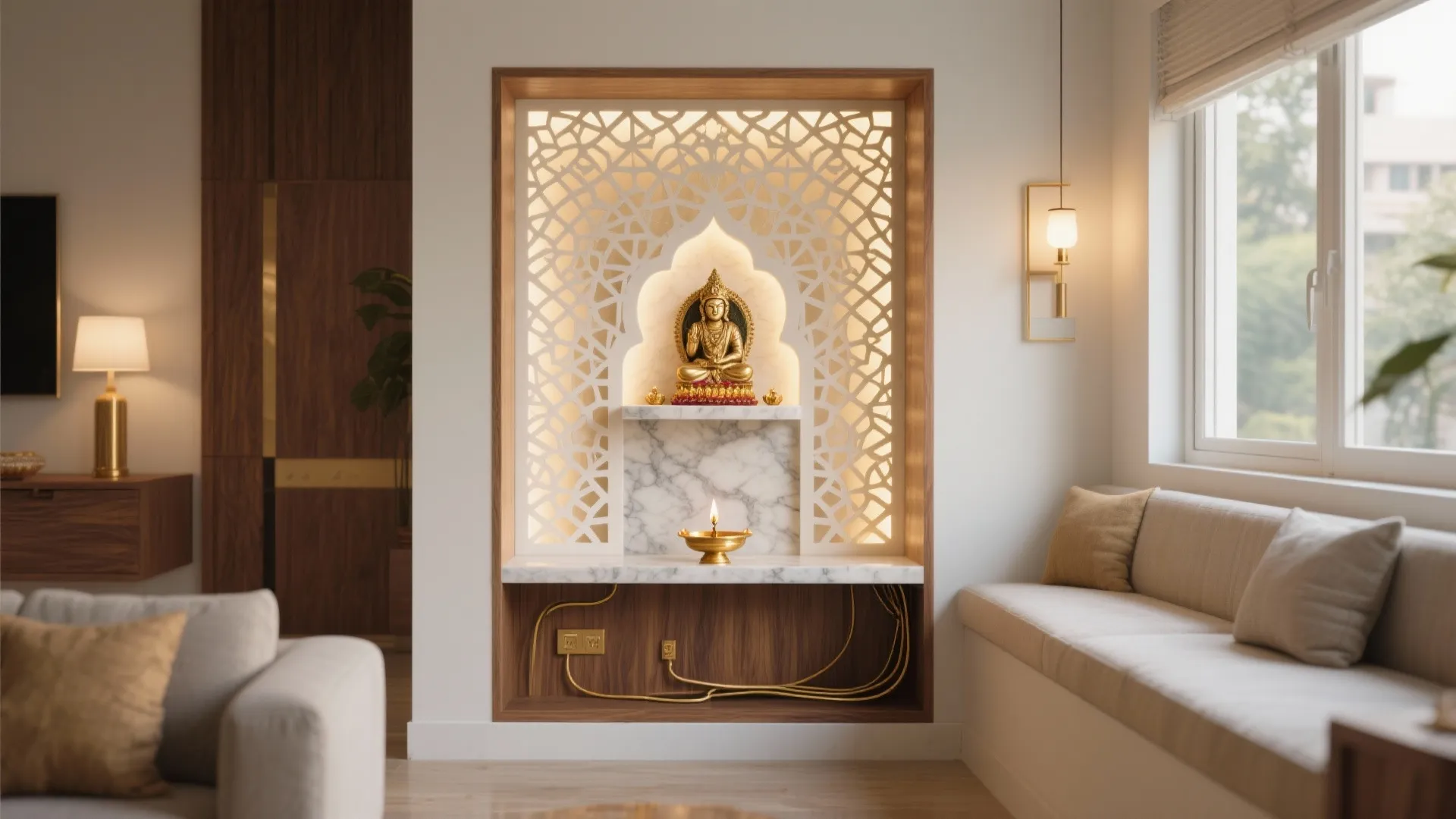 Interior design drawing of a wall shrine with marble shelf gold statue and white wall light