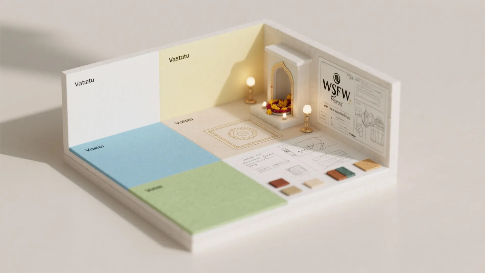 Interior design drawing showing a miniature room layout with colored wall panels and small lights