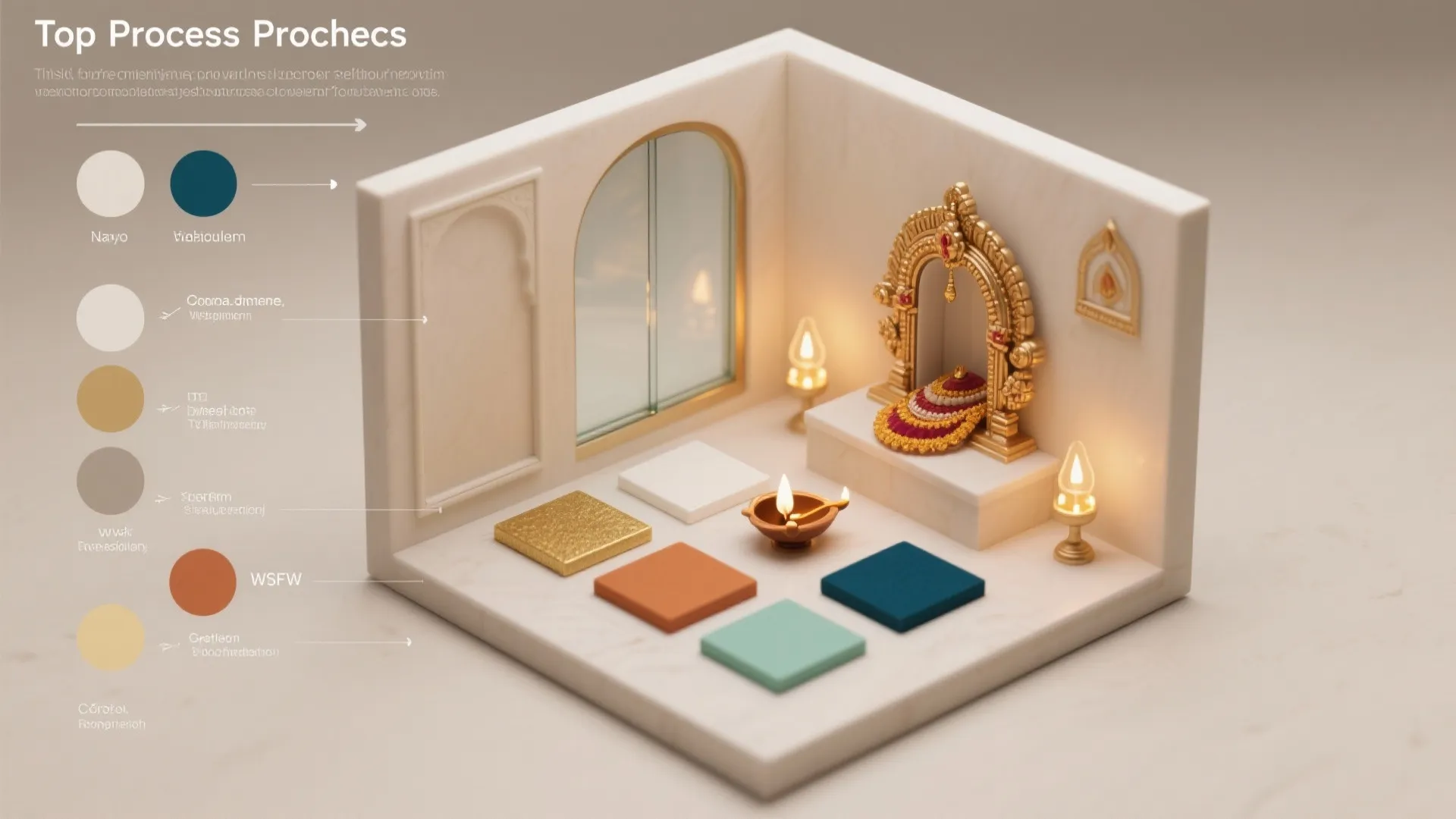 Top-down layout showing swatches, warm lighting cues, and a compact pooja corner plan.