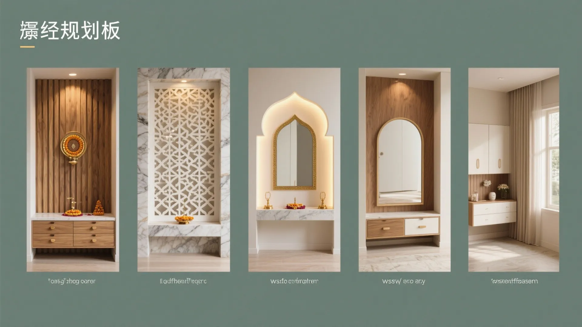 Top-down board of five compact pooja backdrop concepts with warm neutral palette.