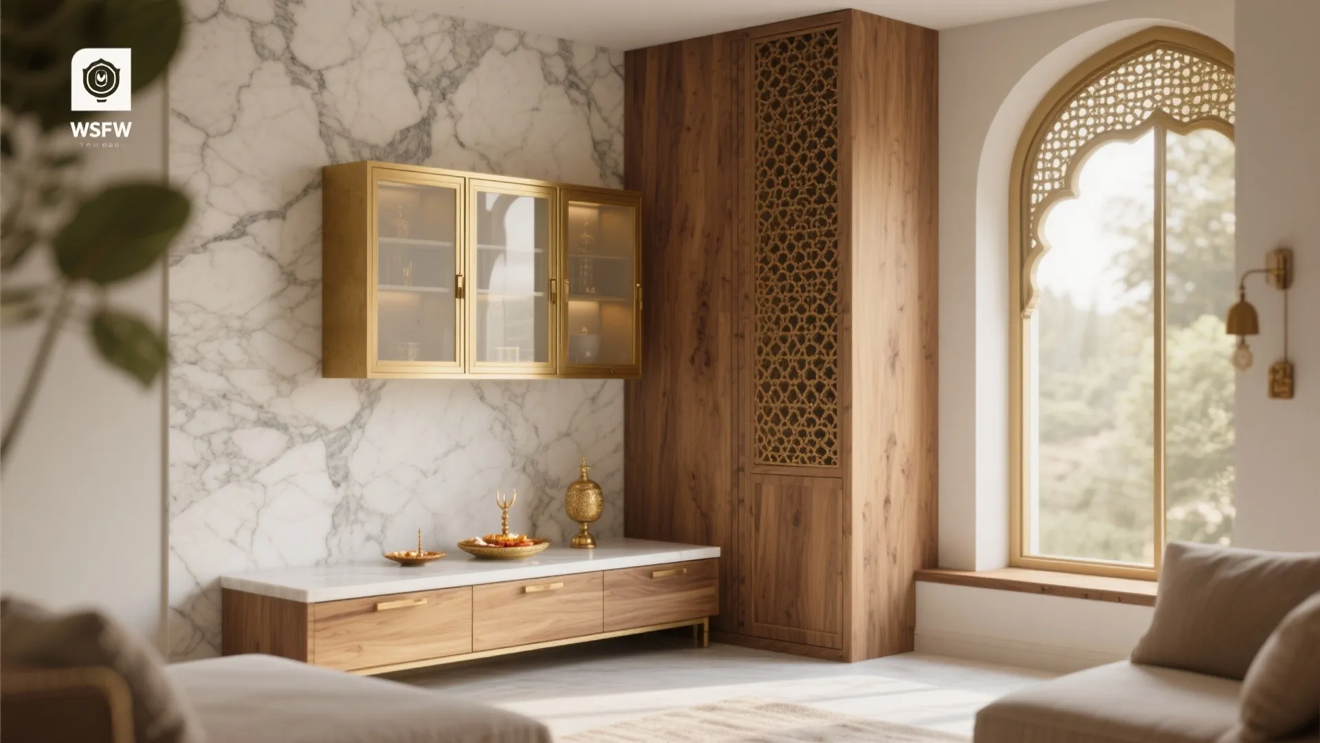 Modern prayer room design with marble wall wooden cabinet gold wall shelf and arched window