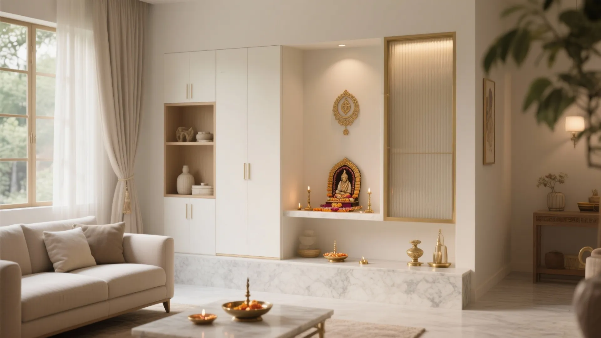 Serene small living room with a compact, well-lit pooja partition that feels like a sanctuary.