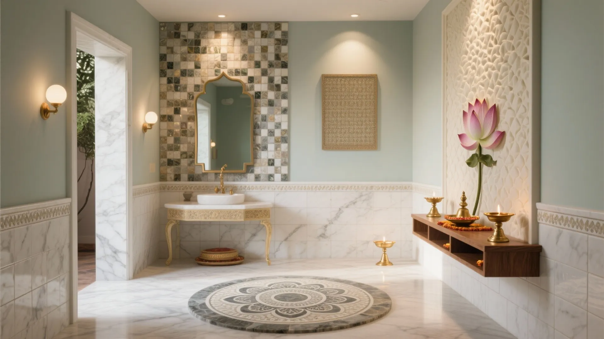 Compact pooja room showcasing a calm mix of ceramic, mosaic, ivory motif, subway trim, and a porcelain mandala with warm lighting.