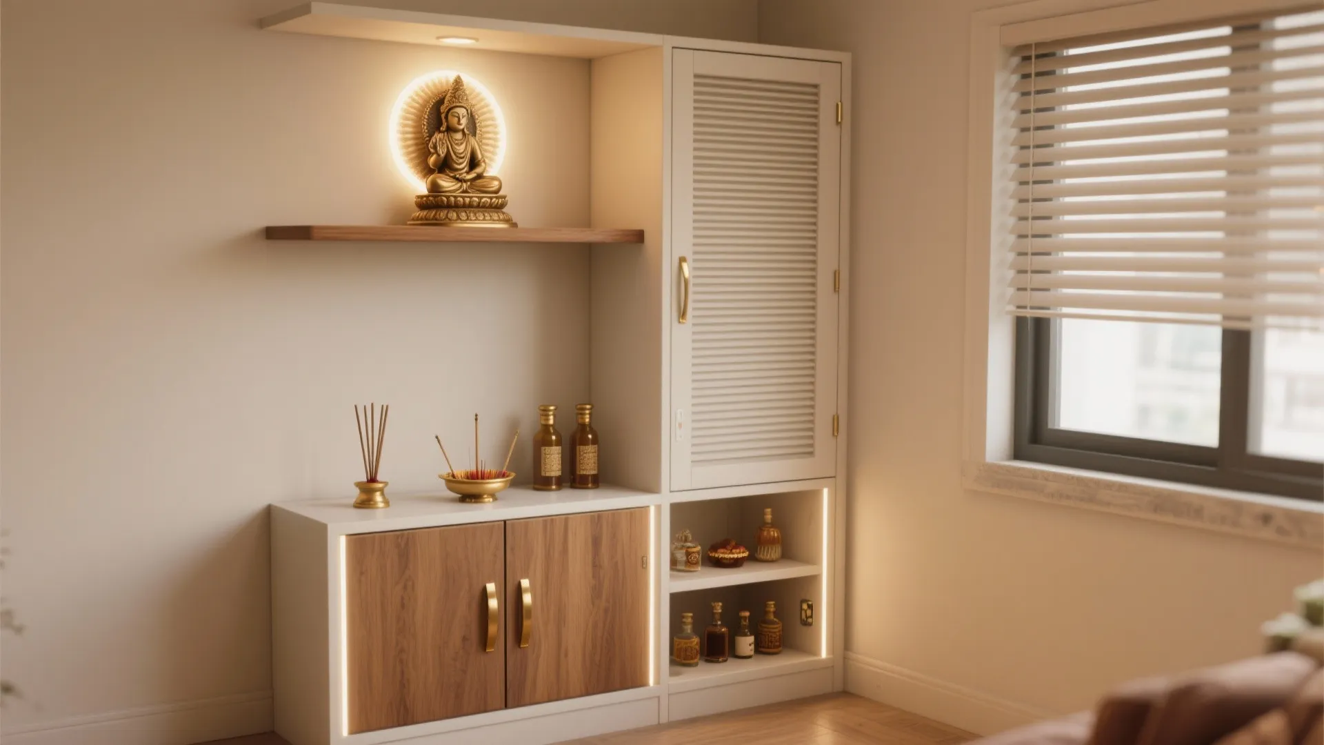 Tall Corner Pooja Niche with Ventilated Storage