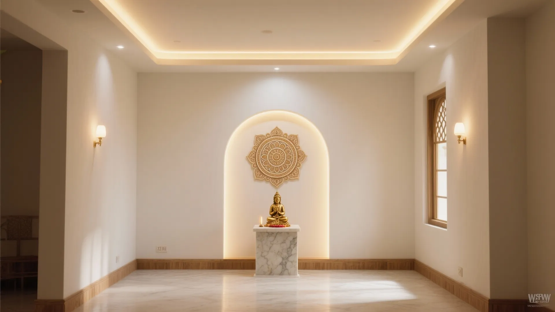 Soft cove lighting with a centered mandala