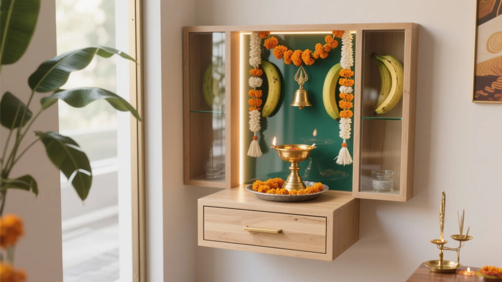 Modern wooden prayer unit with green background wall light flowers brass bell and hanging fruit