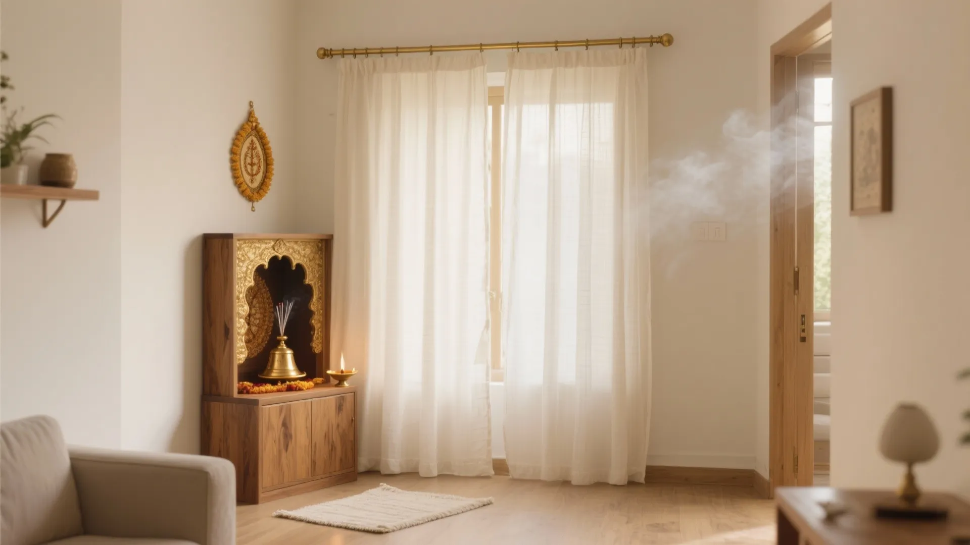 Traditional prayer room design featuring a wooden cabinet white curtain brass rod and smoke detail