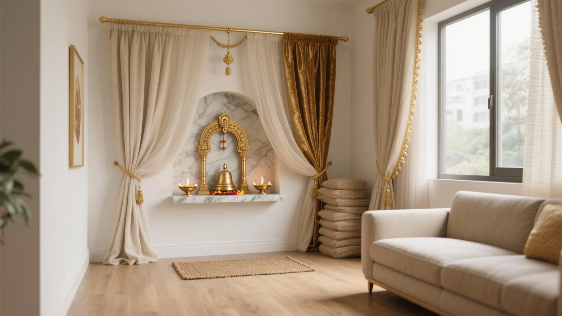 Modern prayer room featuring beige curtains gold arch marble wall light wood floor and cream sofa