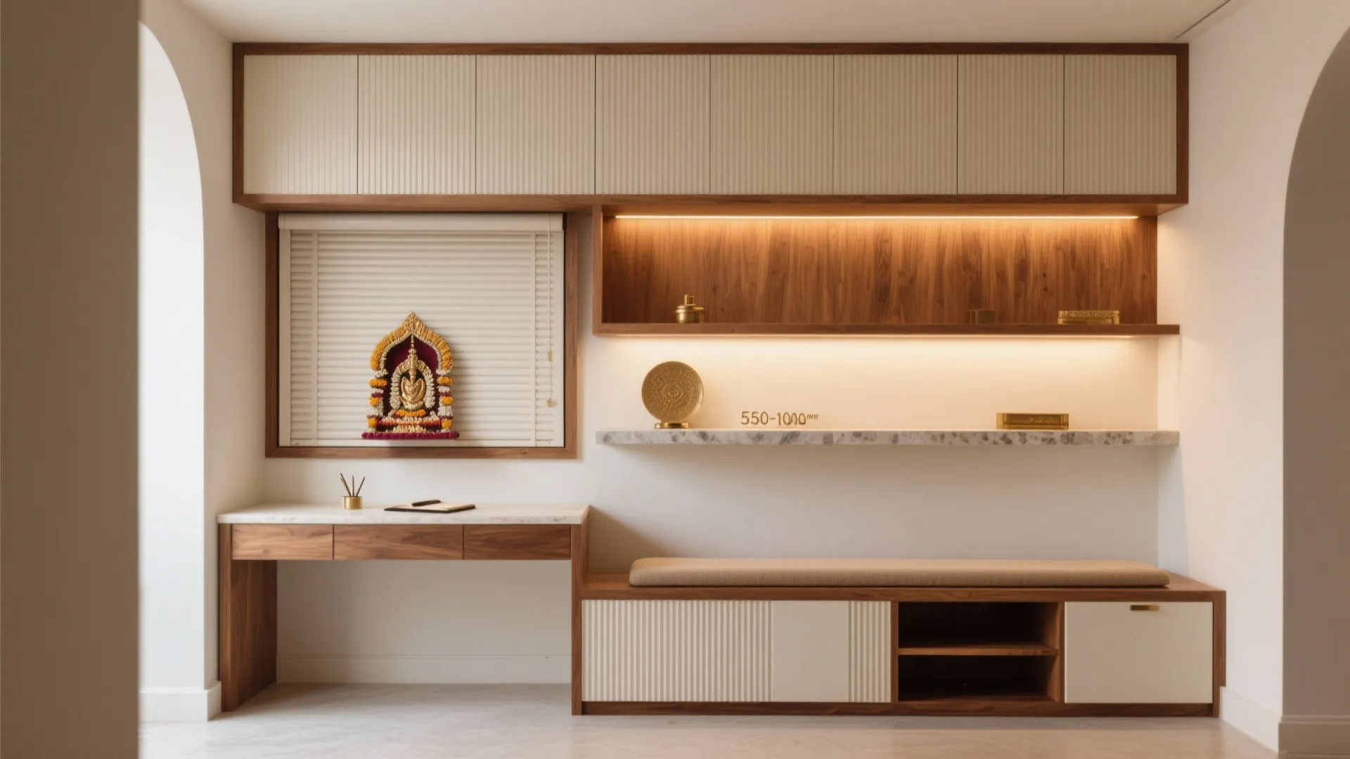 Multi-Functional Pooja Wall with Desk or Storage Bench