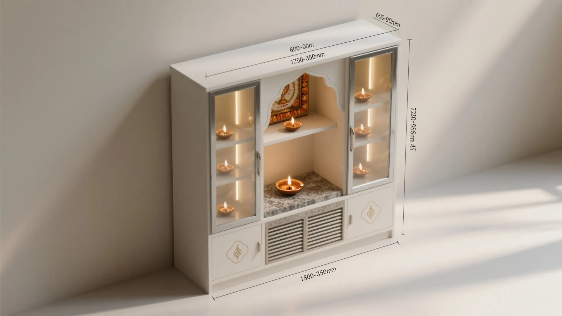 White prayer cabinet with glass doors and small lights showing detailed height and width measurement