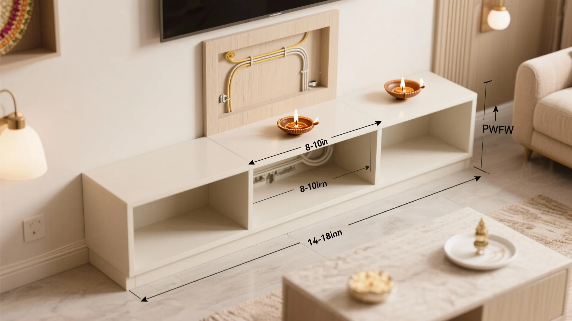 Top-down guide showing compact pooja unit shelf dimensions and safe clearances.