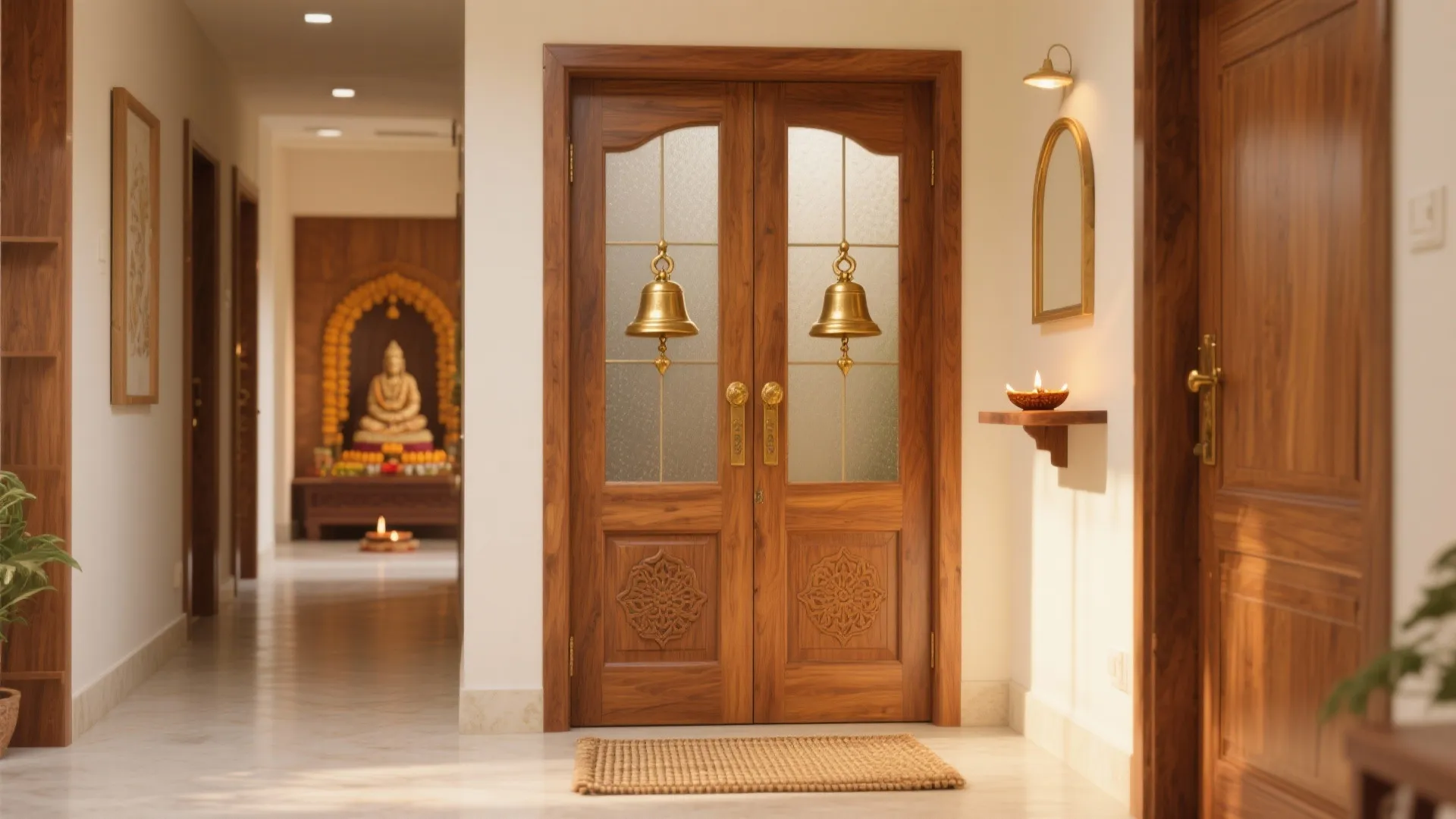 Double wooden doors with glass panels and brass bells leading to a bright indoor prayer room