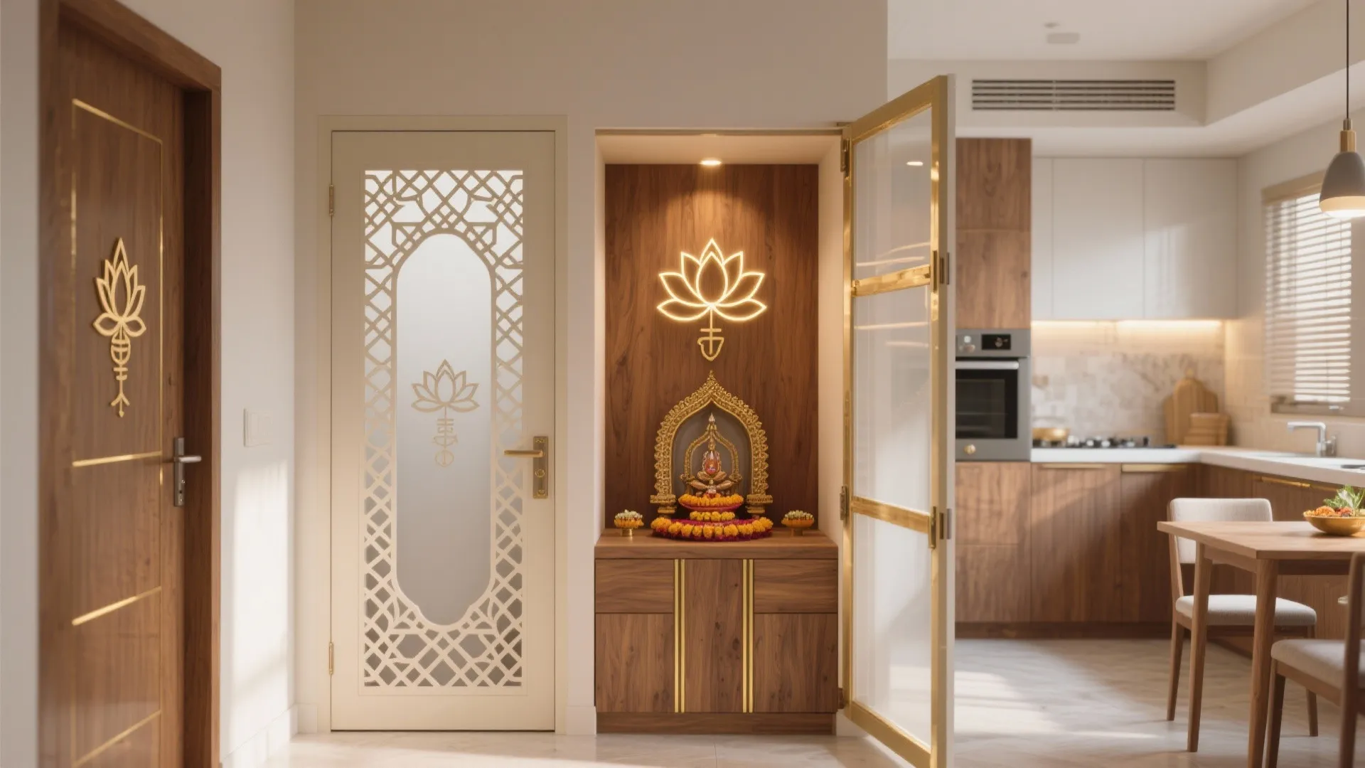 Modern home prayer room with wooden cabinet lotus wall light white door and open kitchen