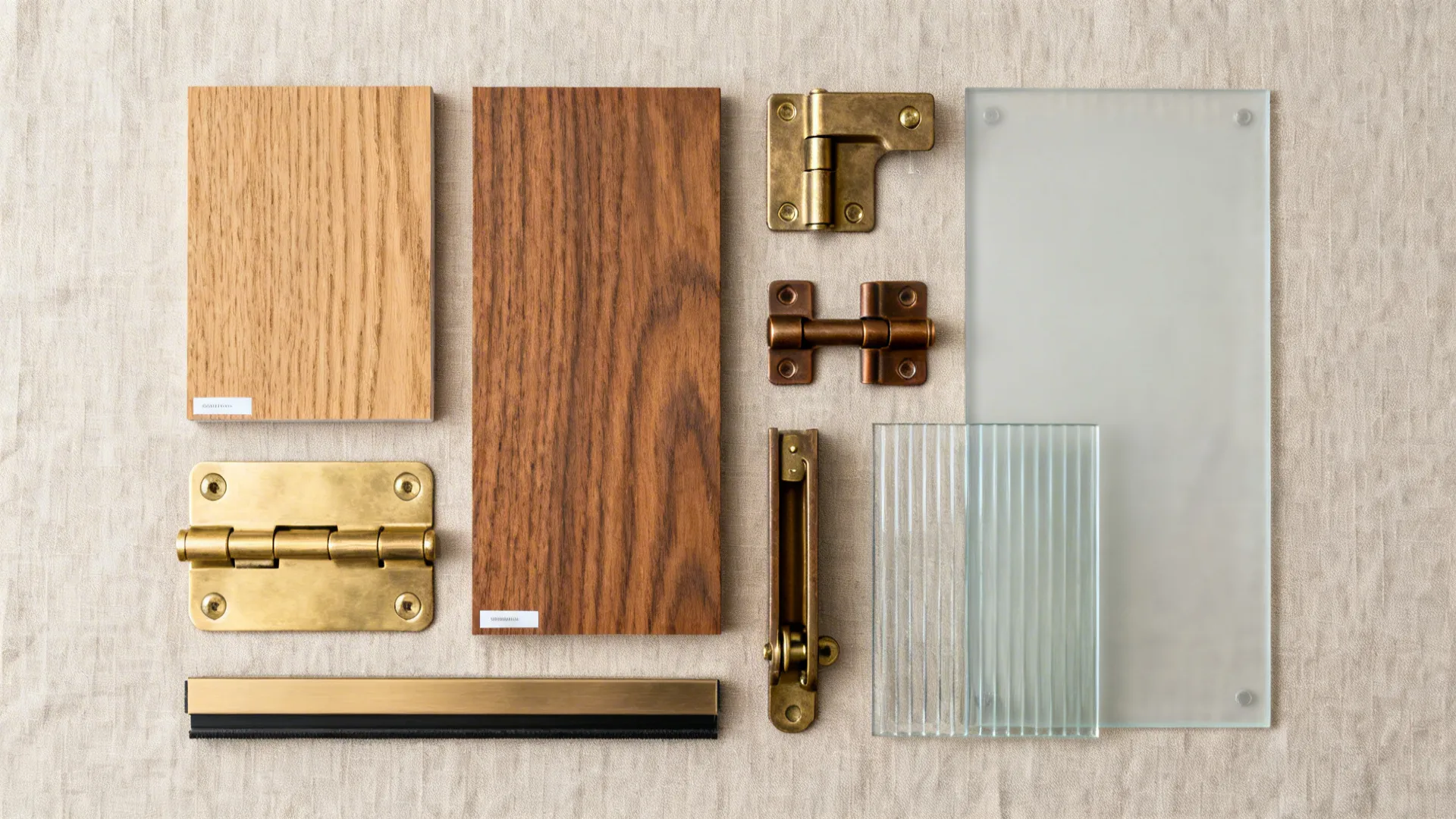 Collection of wood samples glass panels and metal hinges for custom interior door design projects