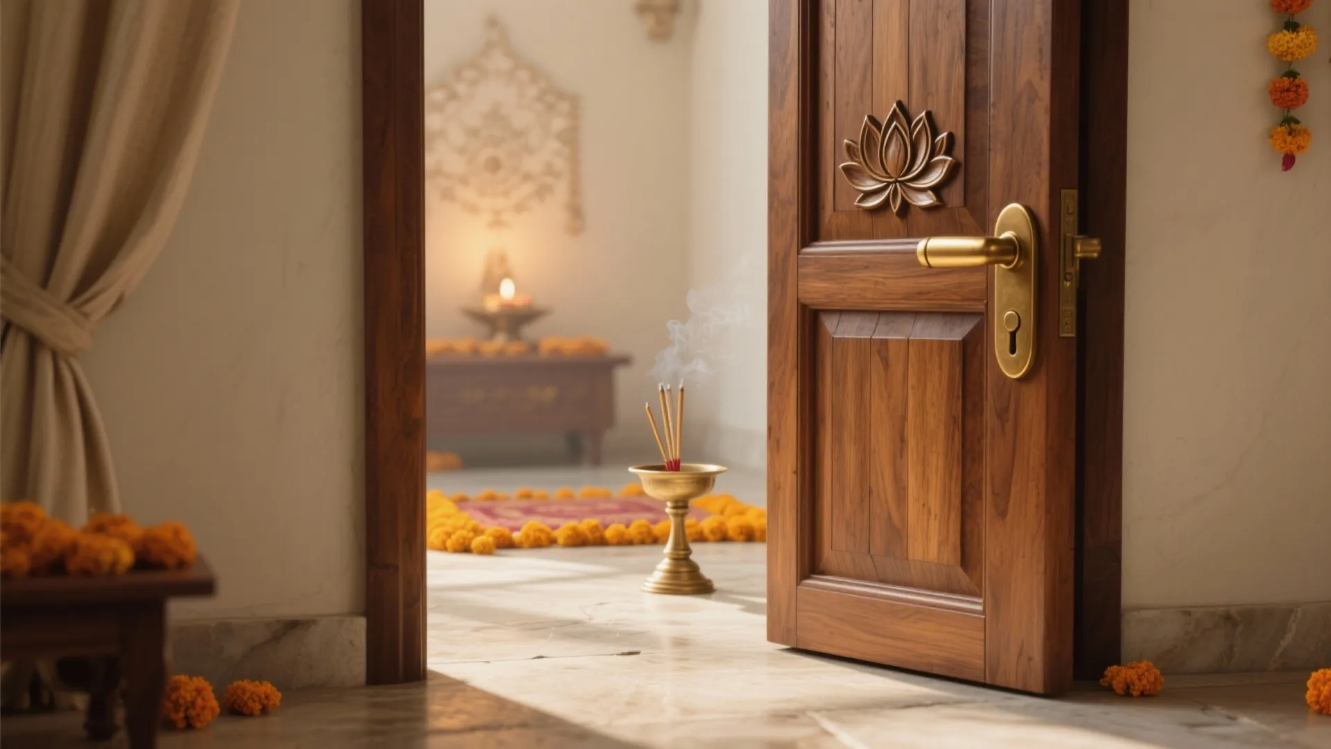 Traditional wooden door with gold handle opening to room with burning incense and orange flowers