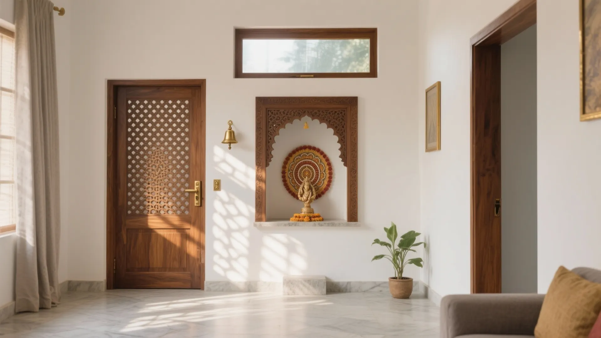 Bright hallway with wooden door and small wall prayer space decorated with flowers and gold bell