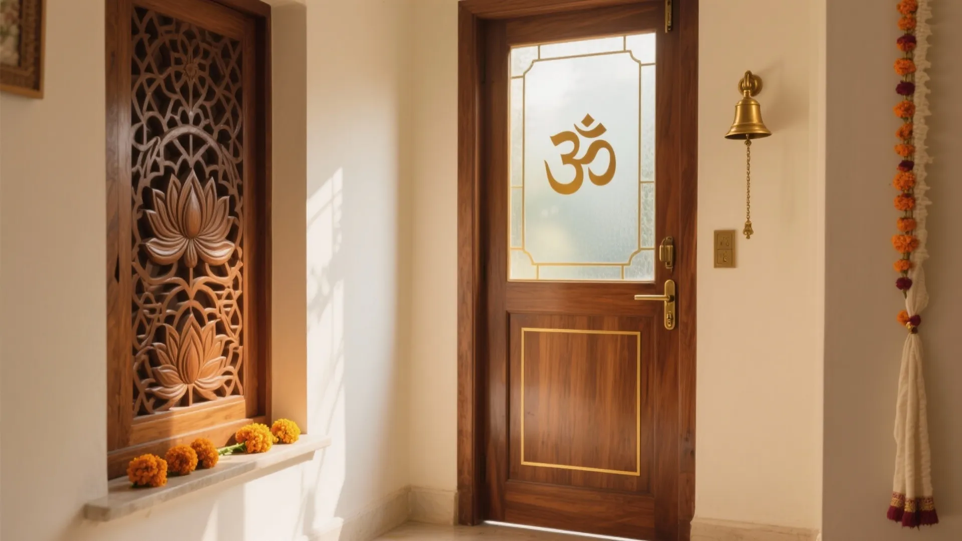 Wooden door with Om symbol glass panel beside carved wood window and orange flower garlands