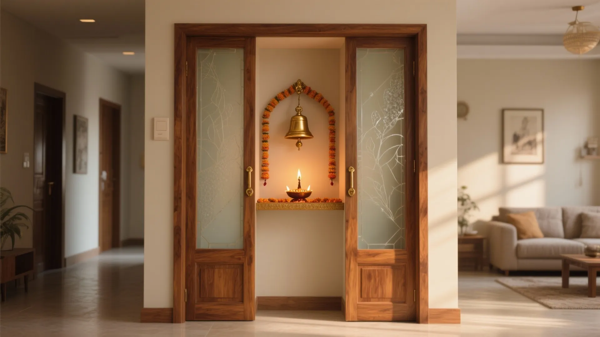 5 Pooja Room Door Designs with Glass and Wood: Glass-meets-wood ideas that honor tradition, maximize light, and fit small homes — from frosted lattices to sliding shoji-style sanctum doors.