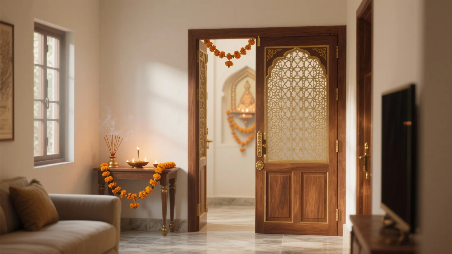 Traditional wooden door with golden patterns leading into a prayer room with flowers and candles
