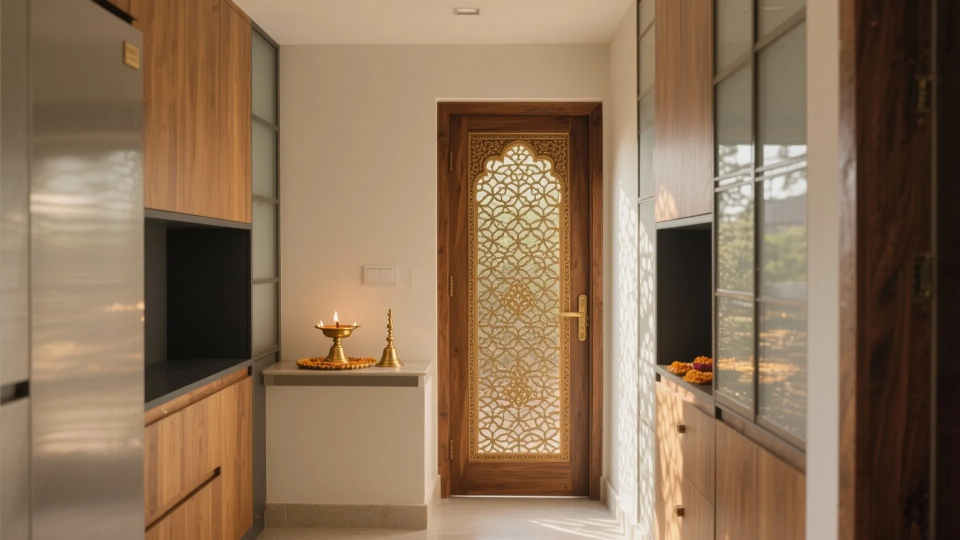 Modern hallway with wooden cabinets leading to door with gold patterns and a small lamp