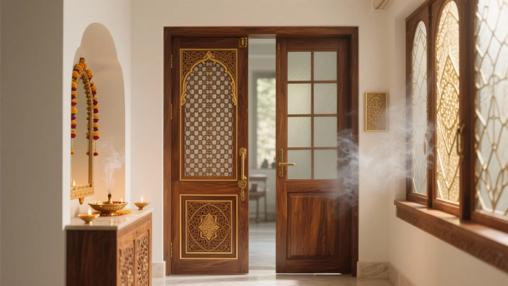 Wooden double door with intricate carvings and glass panels in a room with white walls