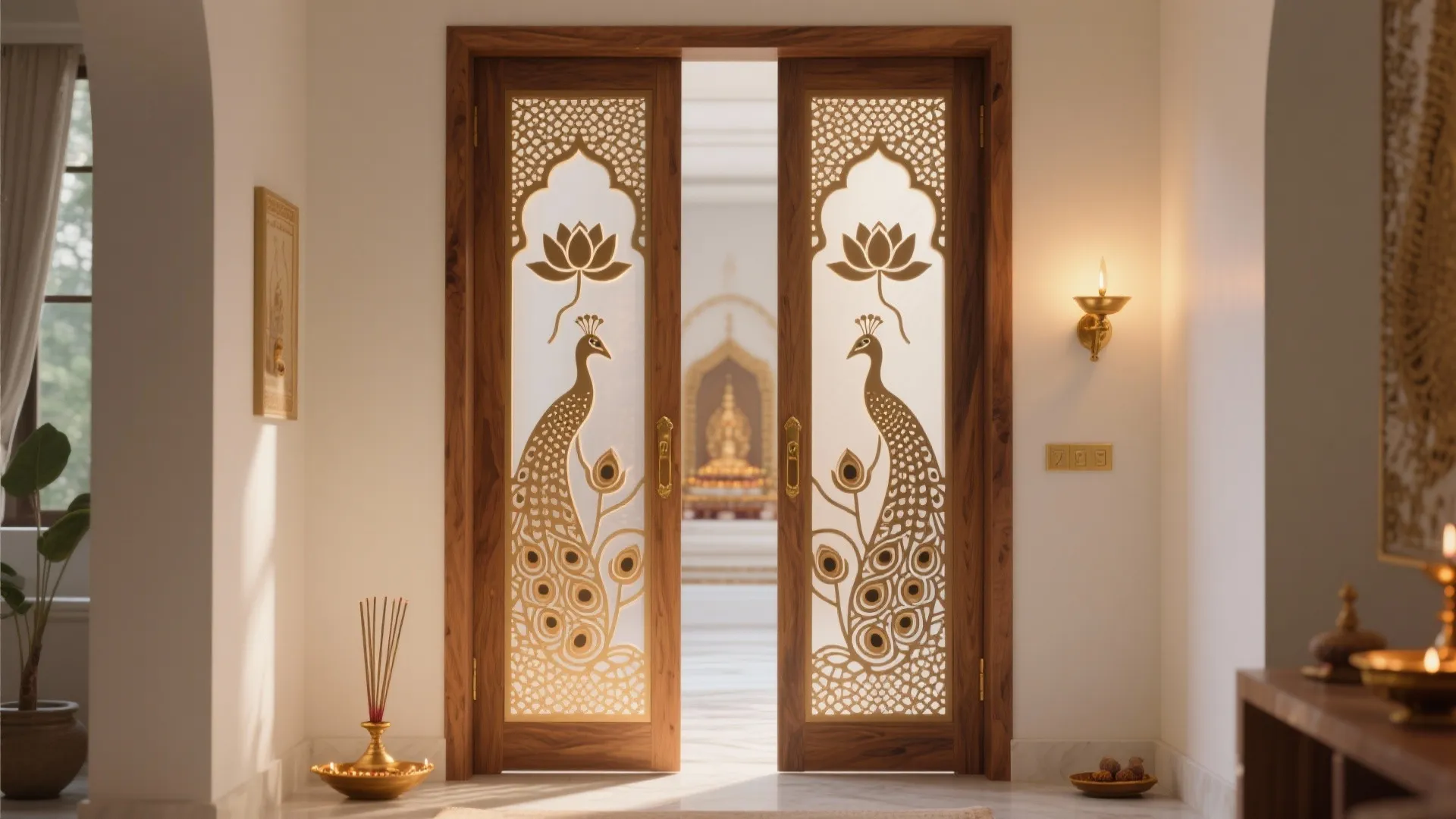 Carved wooden double doors with peacock and lotus patterns leading into a bright prayer room