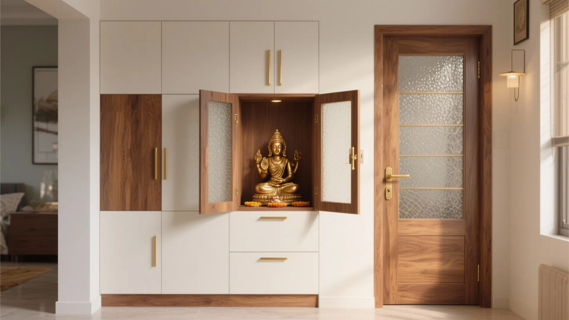 Modern white wall cabinet with gold statue inside glass doors next to a wooden door entrance