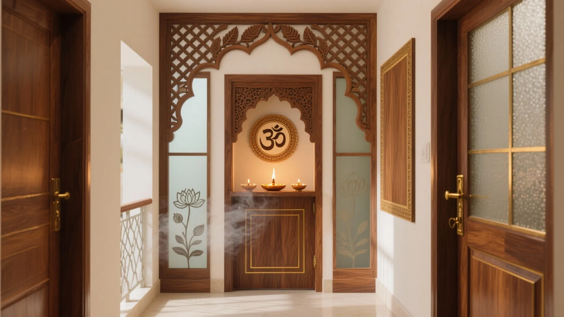 Traditional wood prayer room entrance with carved patterns lit candles and decorative glass panels on sides