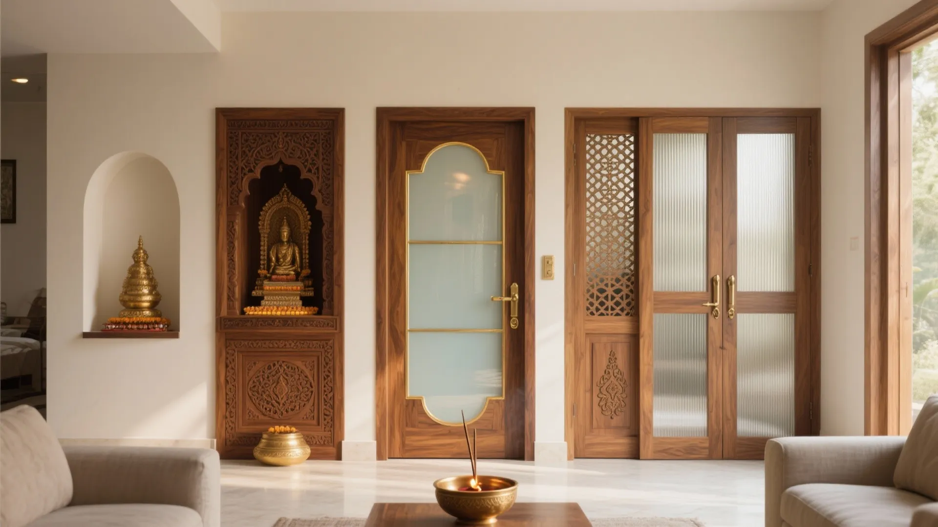 Traditional wooden doors with glass and lattice patterns near a wall niche with gold statue